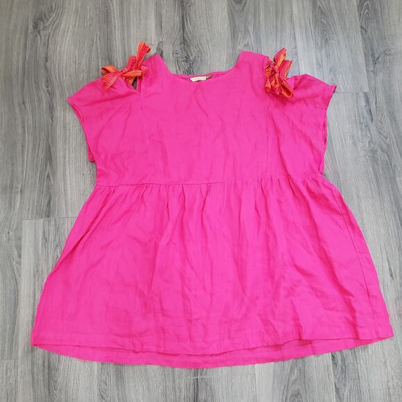 Chalet Dress Womens Extra Large Pink Linen Bow Shoulder Made USA Vibrant Boho - Picture 1 of 8